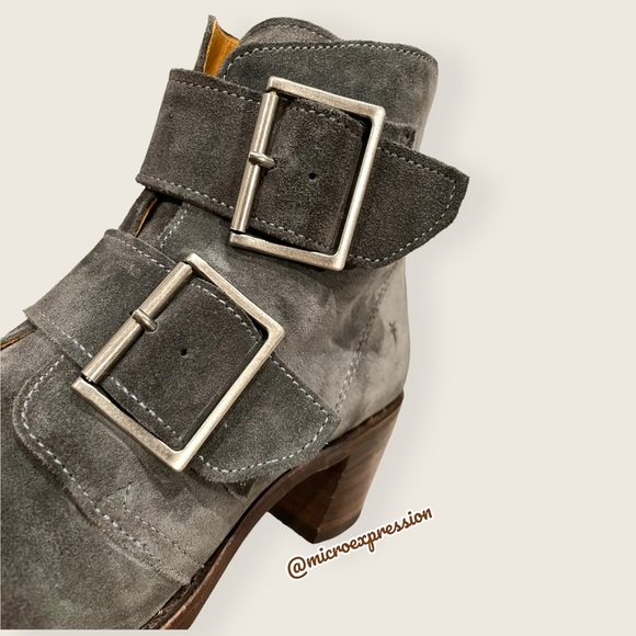 $399 Frye Sabrina Double Buckle Academia Grey Suede Leather Block Heel AnkleBoot - Picture 15 of 16